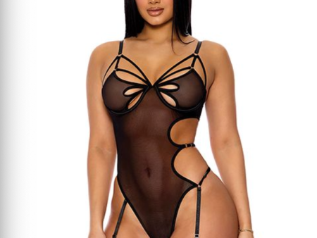 Feeling Butterflies Mesh Teddy w Garters - Black LG For Discount