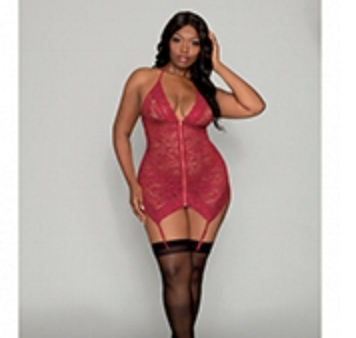 Stretch Lace Garter Slip & G-String Garnet QN on Sale