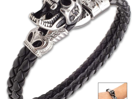 Evil Screaming Skull Black Braided Leather Bracelet - Stainless Steel Accents, Double Strand - One Size Fits All Online