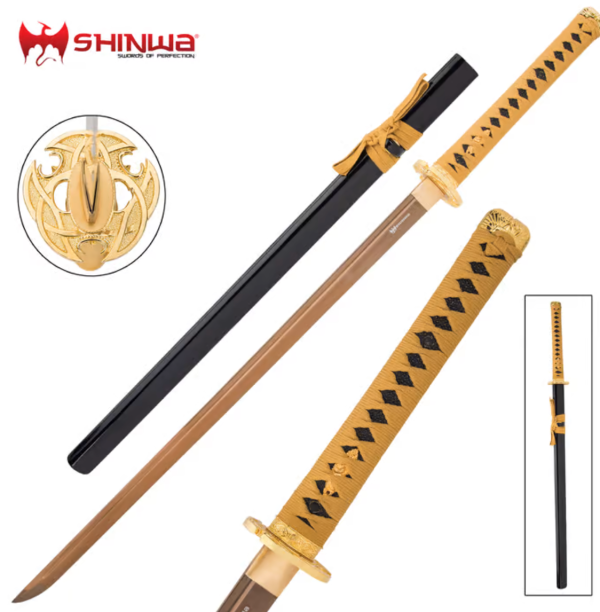 Shinwa Golden Warrior Katana w Scabbard- Carbon Steel Blade- Brass Habaki Fashion