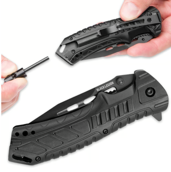 Black Legion Black Pocket Knife With Fire Starter Hot on Sale