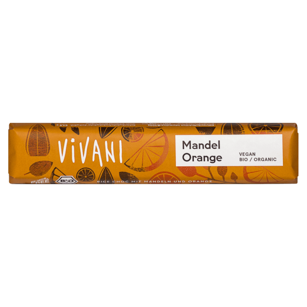 Vivani Schokolade - Mandel Orange Riegel   BARRA DE CHOCOLATE CON BEBIDA DE ARROZ Y TROZOS DE ALMENDRA Y NARANJA ORGÁNICAS 35G Hot on Sale