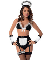 Retro Maid Bra, Arm Bands, Highwaisted Panty Garter Belt, Headpiece & Thigh Highs Black White O S For Sale